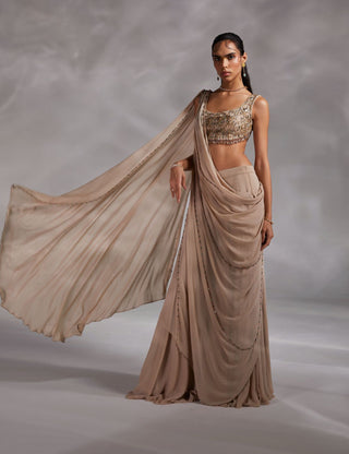 Divya Aggarwal-Taylen Beige Embellished Sari With Blouse-INDIASPOPUP.COM