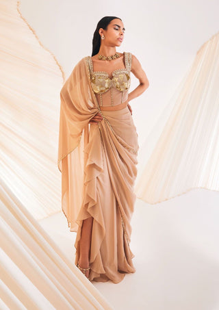 Divya Aggarwal-Hertha Beige Pre-Draped Sari With Corset-INDIASPOPUP.COM