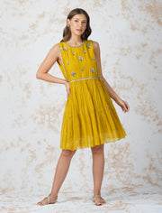 Devyani Mehrotra-Mustard Antique Work Tiered Dress-INDIASPOPUP.COM