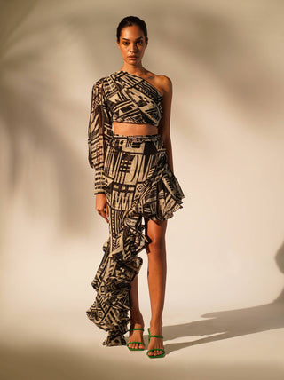 Nikita Mhaisalkar-Abstract Printed One-Shoulder Top And Skirt-INDIASPOPUP.COM