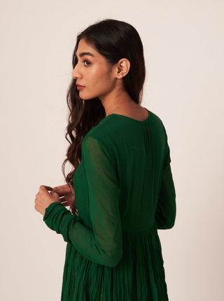 Dot-Dark Green Gathered Kurta-INDIASPOPUP.COM