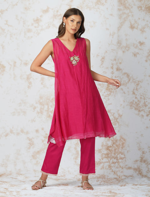Devyani Mehrotra-Hot Pink Baroque Flower Asymmetric Tunic With Pant-INDIASPOPUP.COM