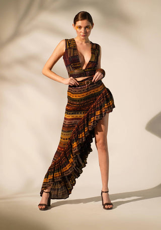 Nikita Mhaisalkar-Multicolour Stripe Print Ruffle Skirt-INDIASPOPUP.COM