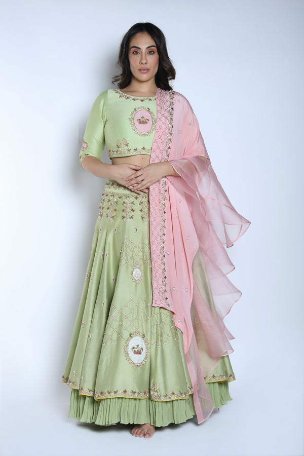Nautanky - Pista & Blush Pink Layered Lehenga Set - INDIASPOPUP.COM
