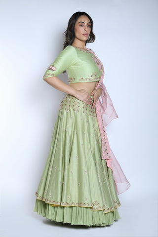 Nautanky - Pista & Blush Pink Layered Lehenga Set - INDIASPOPUP.COM