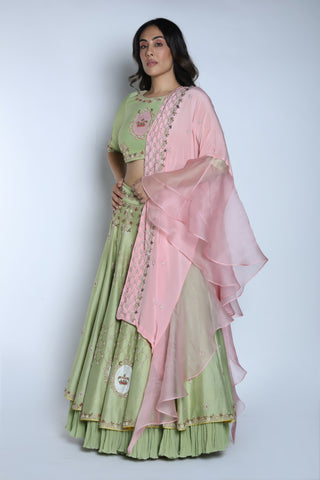 Nautanky - Pista & Blush Pink Layered Lehenga Set - INDIASPOPUP.COM