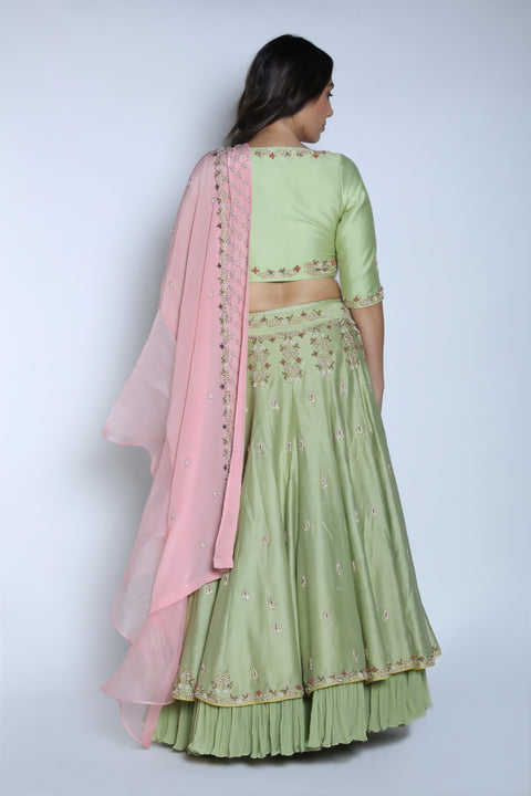 Nautanky - Pista & Blush Pink Layered Lehenga Set - INDIASPOPUP.COM