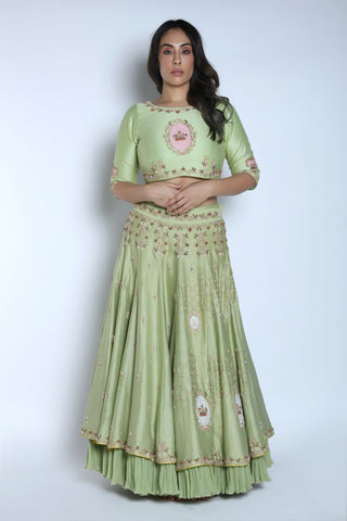 Nautanky - Pista & Blush Pink Layered Lehenga Set - INDIASPOPUP.COM