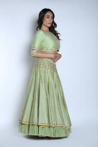 Nautanky - Pista & Blush Pink Layered Lehenga Set - INDIASPOPUP.COM