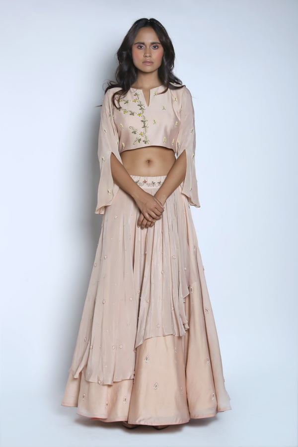 Nautanky - Pink & Champain Layered Lehenga Set - INDIASPOPUP.COM