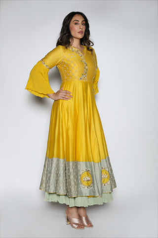 Nautanky - Yellow Embroidered Kalidaar Gown - INDIASPOPUP.COM