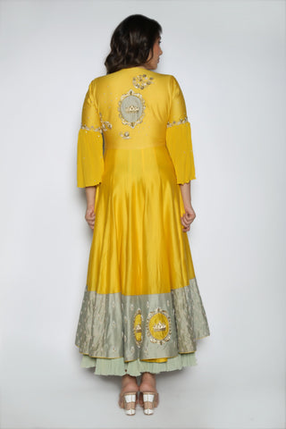 Nautanky - Yellow Embroidered Kalidaar Gown - INDIASPOPUP.COM