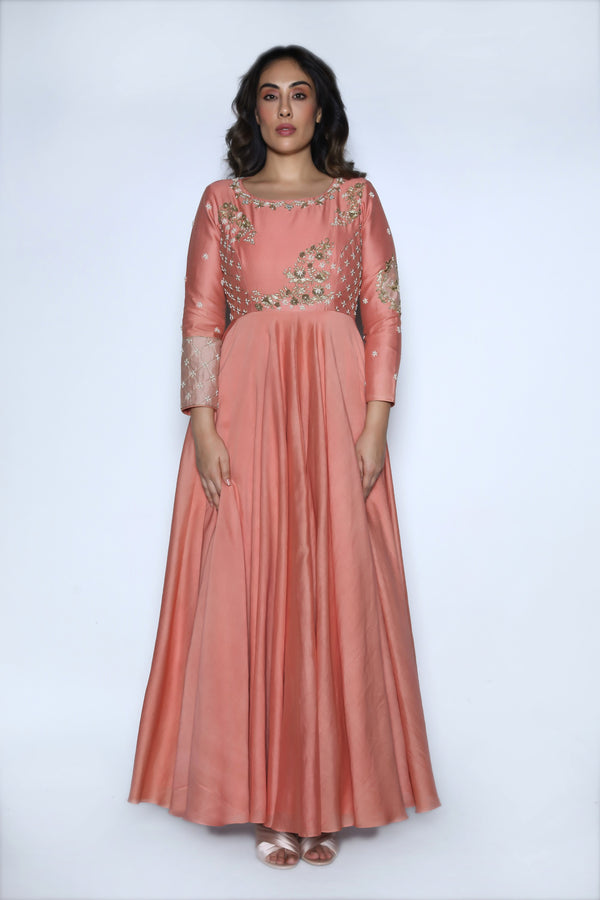 Nautanky - Dusty Rose Embroidered Gown - INDIASPOPUP.COM
