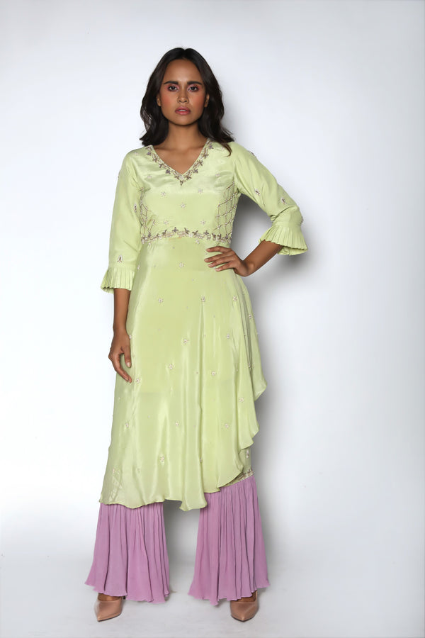 Nautanky - Mint Kurta With Lilac Ruffled Sharara - INDIASPOPUP.COM