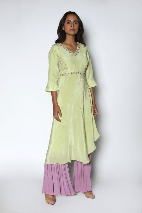 Nautanky - Mint Kurta With Lilac Ruffled Sharara - INDIASPOPUP.COM
