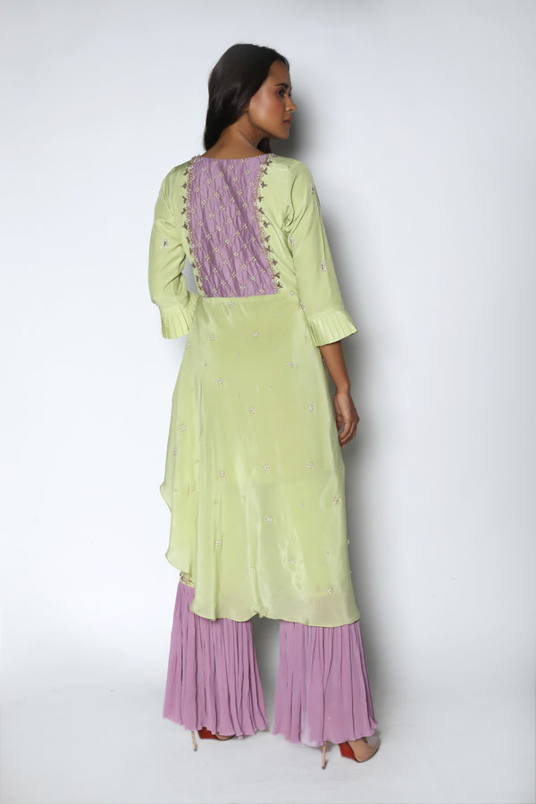 Nautanky - Mint Kurta With Lilac Ruffled Sharara - INDIASPOPUP.COM