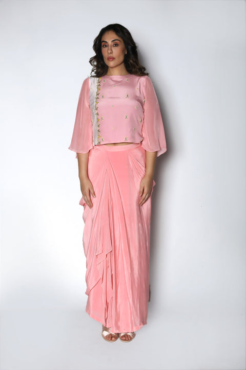 Nautanky - Baby Pink Crop Top With Drape Skirt - INDIASPOPUP.COM