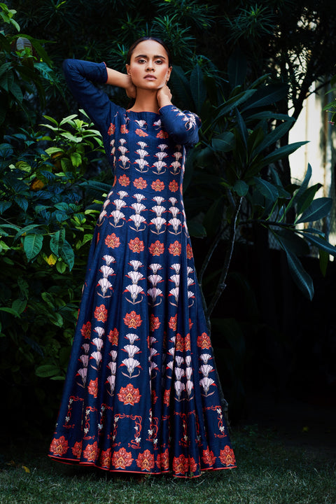 Nautanky - Navy Blue & Coral Anarkali Set - INDIASPOPUP.COM