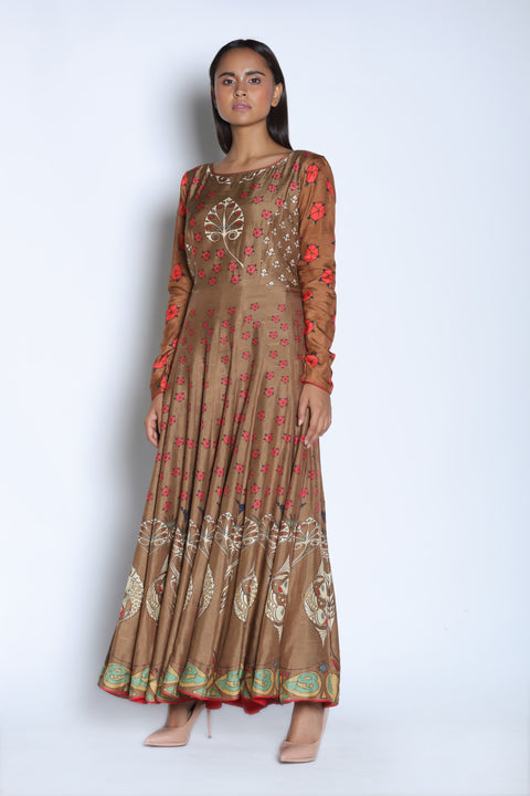 Nautanky - Brown & Coral Anarkali Set - INDIASPOPUP.COM