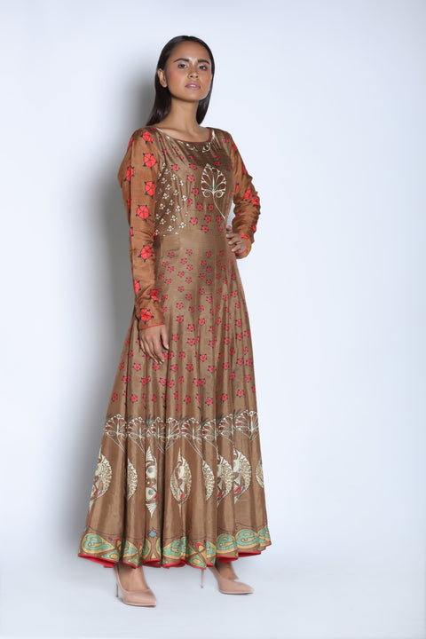 Nautanky - Brown & Coral Anarkali Set - INDIASPOPUP.COM