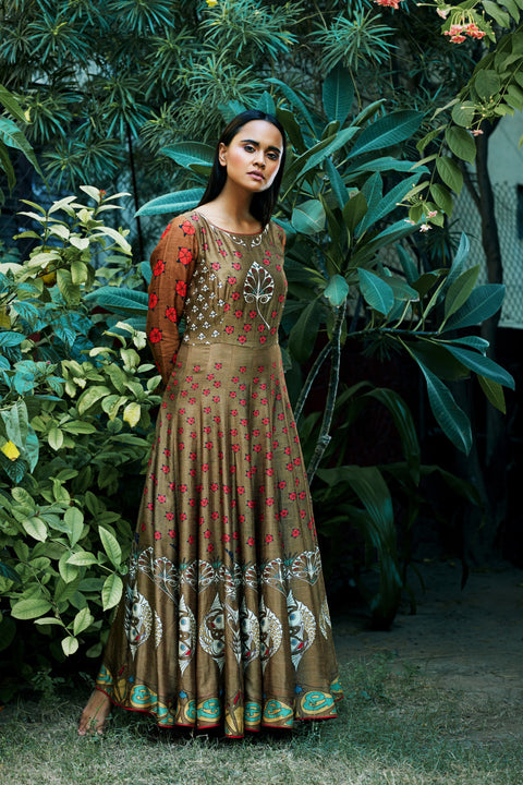 Nautanky - Brown & Coral Anarkali Set - INDIASPOPUP.COM