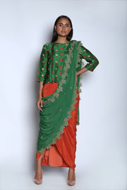 Nautanky - Dark Green & Orange Ruffle Skirt Set - INDIASPOPUP.COM