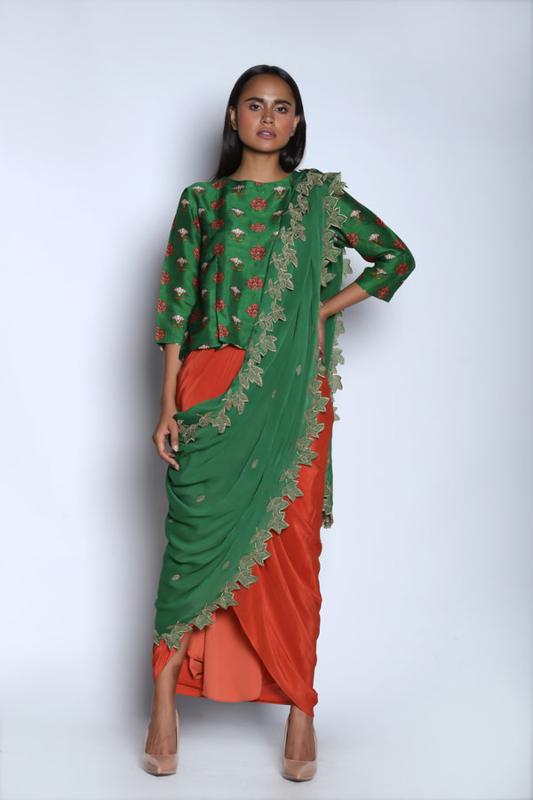 Nautanky - Dark Green & Orange Ruffle Skirt Set - INDIASPOPUP.COM