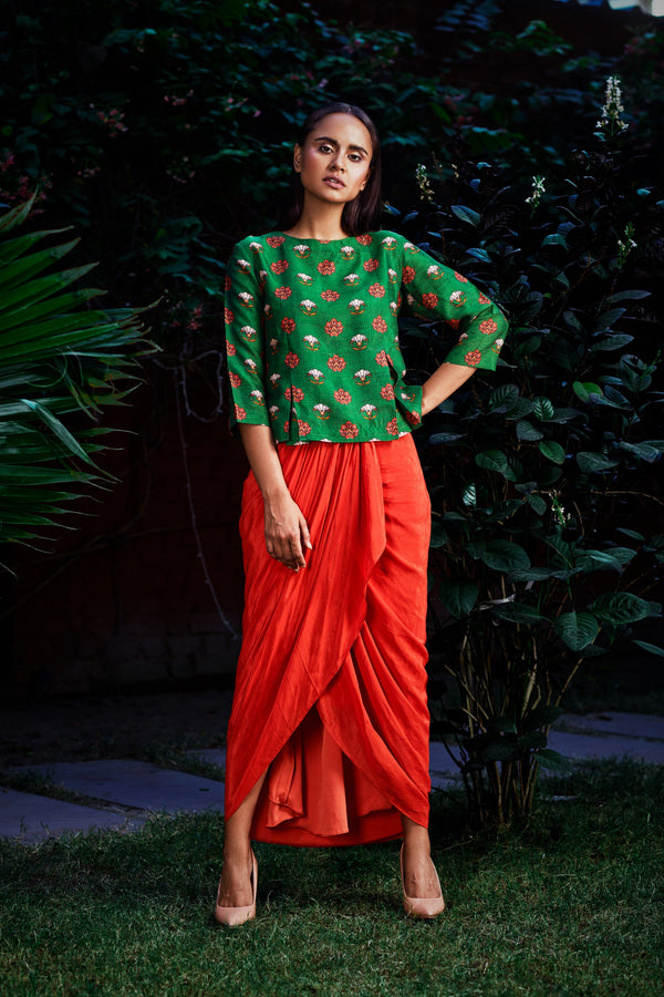 Nautanky - Dark Green & Orange Ruffle Skirt Set - INDIASPOPUP.COM