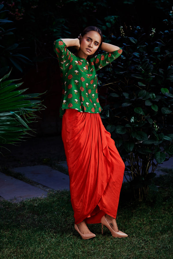 Nautanky - Dark Green & Orange Ruffle Skirt Set - INDIASPOPUP.COM
