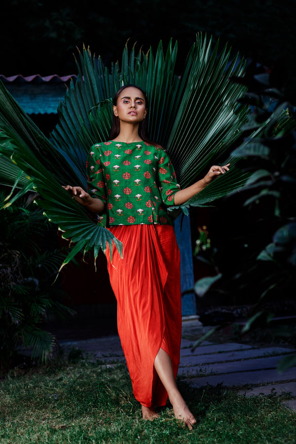 Nautanky - Dark Green & Orange Ruffle Skirt Set - INDIASPOPUP.COM