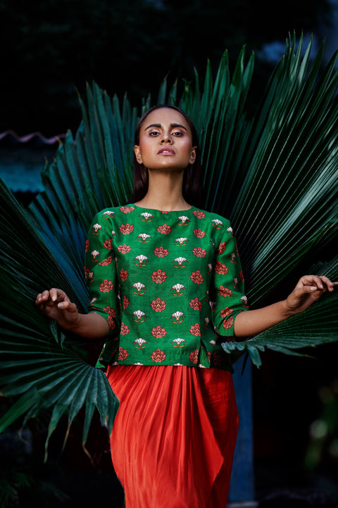 Nautanky - Dark Green & Orange Ruffle Skirt Set - INDIASPOPUP.COM