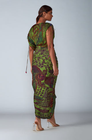 Saaksha & Kinni-Green Abstract Print Pleated Saree Dress-INDIASPOPUP.COM