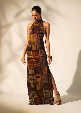 Nikita Mhaisalkar-Multicolour Abstract Print Halter Neck Dress-INDIASPOPUP.COM