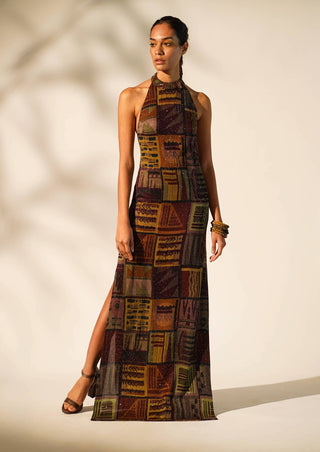 Nikita Mhaisalkar-Multicolour Abstract Print Halter Neck Dress-INDIASPOPUP.COM