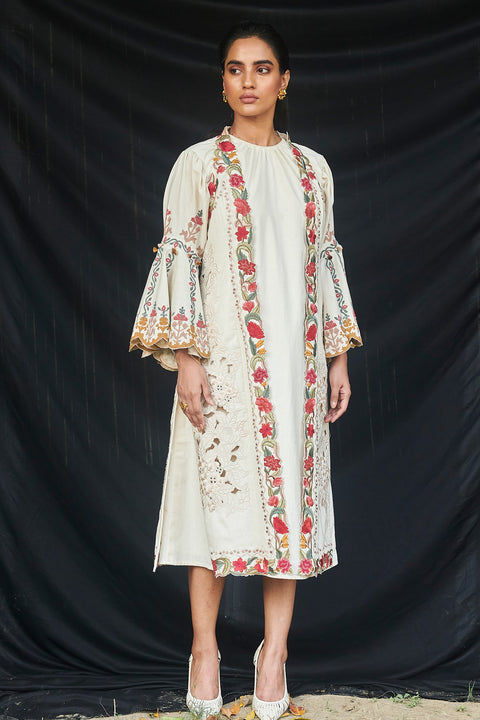 Chandrima-Ivory Cutwork Sleeveless Jacket & Dress-INDIASPOPUP.COM