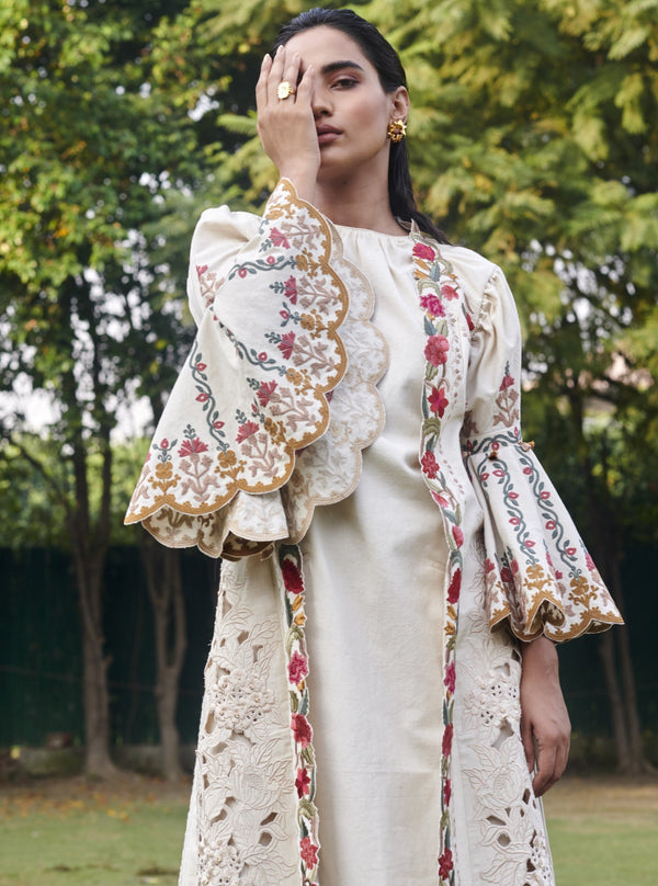 Chandrima-Ivory Cutwork Sleeveless Jacket & Dress-INDIASPOPUP.COM