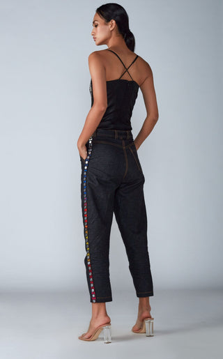 Saaksha & Kinni-Black Abstract Bodysuit With Denim Jean-INDIASPOPUP.COM