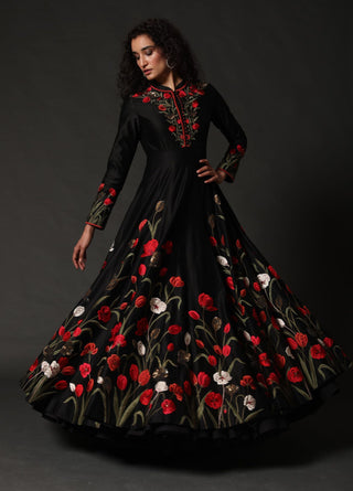 Rohit Bal-Black Floral Chanderi Anarkali With Churidar-INDIASPOPUP.COM