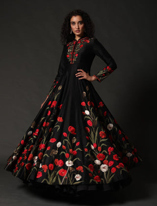 Rohit Bal-Black Floral Chanderi Anarkali With Churidar-INDIASPOPUP.COM
