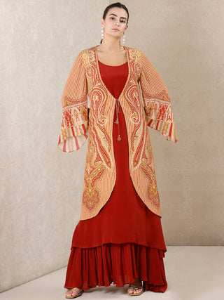 Ritu Kumar-Beige Red Printed Jacket With Dress-INDIASPOPUP.COM