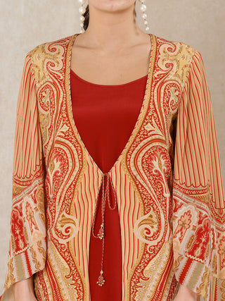 Ritu Kumar-Beige Red Printed Jacket With Dress-INDIASPOPUP.COM