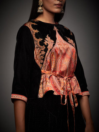 Ri.Ritu Kumar-Black & Burgundy Embroidered Top With Dhoti Pant-INDIASPOPUP.COM