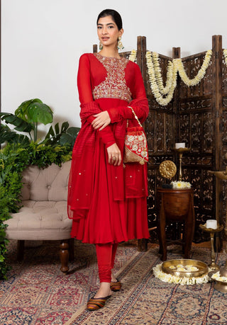 Nadima Saqib-Red Embroidered Anarkali Set-INDIASPOPUP.COM
