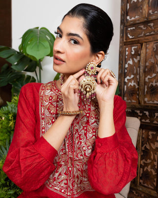 Nadima Saqib-Red Embroidered Kurta With Pants-INDIASPOPUP.COM