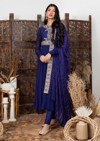 Nadima Saqib-Royal Blue Embroidered Anarkali Set-INDIASPOPUP.COM