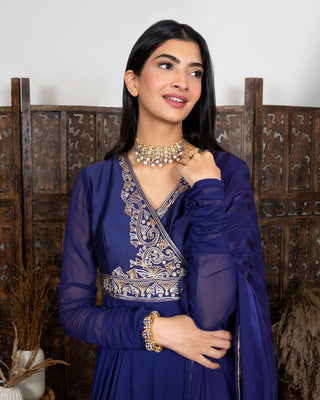 Nadima Saqib-Royal Blue Embroidered Angarkha Anarkali Set-INDIASPOPUP.COM