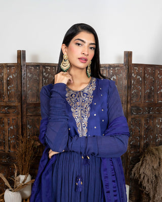 Nadima Saqib-Royal Blue Embroidered Yoke Anarkali Set-INDIASPOPUP.COM