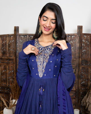 Nadima Saqib-Royal Blue Embroidered Yoke Anarkali Set-INDIASPOPUP.COM