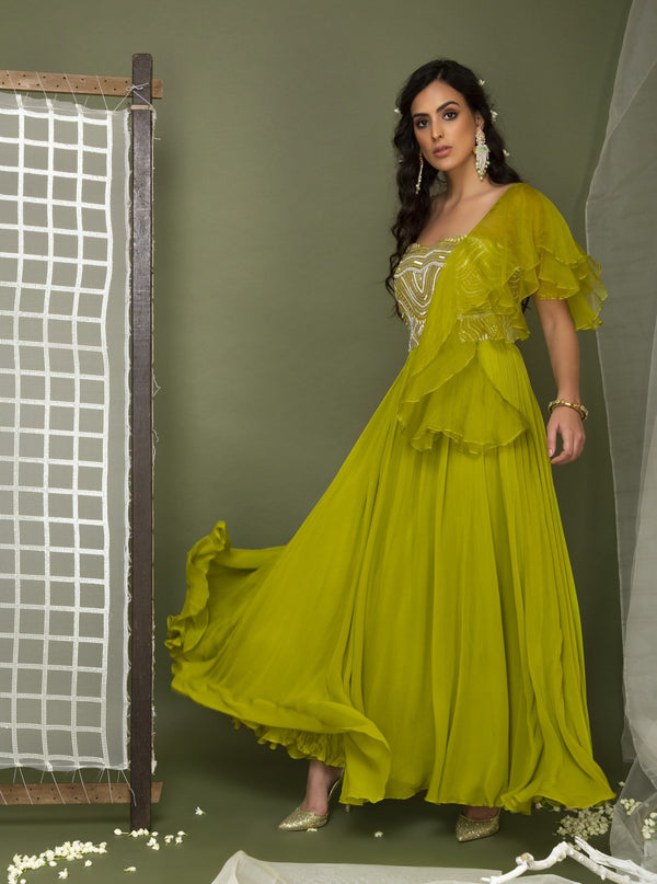 Chhavvi Aggarwal-Lime Anarkali With One Side Frill-INDIASPOPUP.COM