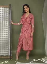 Chhavvi Aggarwal-Pink Fril Jacket With Silk Pants-INDIASPOPUP.COM